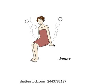 After taking a cold bath from the sauna, a cute woman moves to the rest area and cools her body down in the fresh air. sauna girl. Simple illustration Vector.