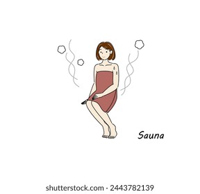 After taking a cold bath from the sauna, a cute woman moves to the rest area and cools her body down in the fresh air. sauna girl. Simple illustration Vector.