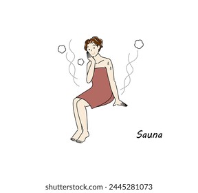 After taking a cold bath from the sauna, a cute woman moves to the rest area and cools her body down in the fresh air. sauna girl. Simple illustration Vector.