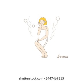 After taking a cold bath from the sauna, a cute woman moves to the rest area and cools her body down in the fresh air. sauna girl. Simple illustration Vector.