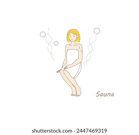 After taking a cold bath from the sauna, a cute woman moves to the rest area and cools her body down in the fresh air. sauna girl. Simple illustration Vector.