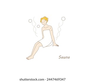 Nach einem kalten Bad aus der Sauna zieht eine süße Frau in den Ruhebereich und kühlt ihren Körper an der frischen Luft ab. Einfache Illustrations-Vektorgrafik.