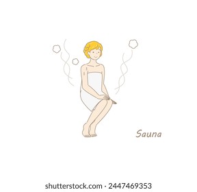 After taking a cold bath from the sauna, a cute woman moves to the rest area and cools her body down in the fresh air. sauna girl. Simple illustration Vector.