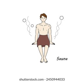 After taking a cold bath from the sauna, a refreshing man moves to the rest area and cools his body down in the fresh air. Simple illustration Vector.