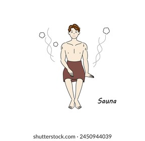 Después de tomar un baño frío de la sauna, un hombre refrescante se traslada a la zona de descanso y refresca su cuerpo al aire libre. Vector de ilustración simple.