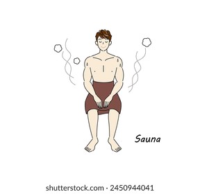 After taking a cold bath from the sauna, a refreshing man moves to the rest area and cools his body down in the fresh air. Simple illustration Vector.