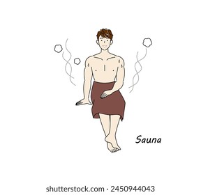 After taking a cold bath from the sauna, a refreshing man moves to the rest area and cools his body down in the fresh air. Simple illustration Vector.
