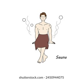 After taking a cold bath from the sauna, a refreshing man moves to the rest area and cools his body down in the fresh air. Simple illustration Vector.