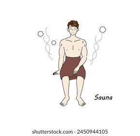 After taking a cold bath from the sauna, a refreshing man moves to the rest area and cools his body down in the fresh air. Simple illustration Vector.