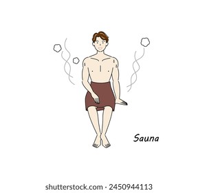 Después de tomar un baño frío de la sauna, un hombre refrescante se traslada a la zona de descanso y refresca su cuerpo al aire libre. Vector de ilustración simple.