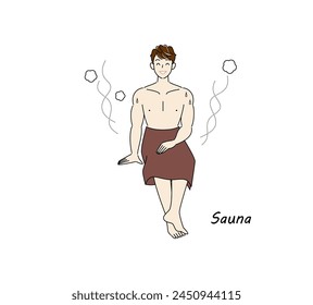 After taking a cold bath from the sauna, a refreshing man moves to the rest area and cools his body down in the fresh air. Simple illustration Vector.