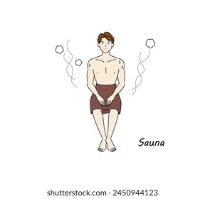 After taking a cold bath from the sauna, a refreshing man moves to the rest area and cools his body down in the fresh air. Simple illustration Vector.