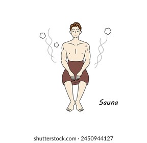 After taking a cold bath from the sauna, a refreshing man moves to the rest area and cools his body down in the fresh air. Simple illustration Vector.