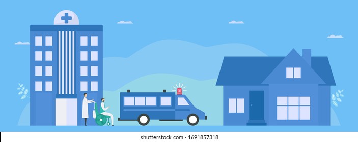 After treatment, assistant doctor will send patient back who recover to home. Workflow of patient care. Medical vector illustration with flat tiny style.