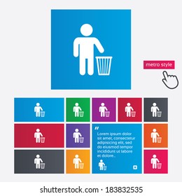 After use to throw in trash. Recycle bin sign. Metro style buttons. Modern interface website buttons with hand cursor pointer. Vector