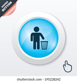 After use to throw in trash. Recycle bin sign. Blue shiny button. Modern UI website button with hand cursor pointer. Vector