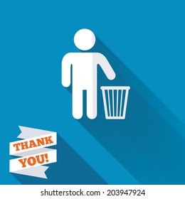 After use to throw in trash. Recycle bin sign. White flat icon with long shadow. Paper ribbon label with Thank you text. Vector