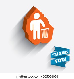 After use to throw in trash. Recycle bin sign. White icon on orange 3D piece of wall. Carved in stone with long flat shadow. Vector