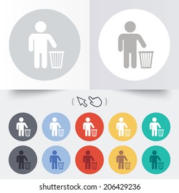 After use to throw in trash. Recycle bin sign. Round 12 circle buttons. Shadow. Hand cursor pointer. Vector