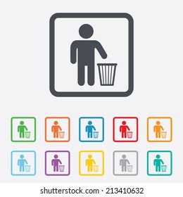 After use to throw in trash. Recycle bin sign. Round squares buttons with frame. Vector