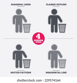 After use to throw in trash. Recycle bin sign. Diagonal and horizontal lines, classic outline, dotted texture. Pattern design icons.  Vector