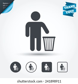 After use to throw in trash. Recycle bin sign. Circle and square buttons. Flat design set. Thank you ribbon. Vector