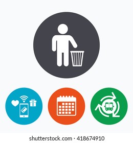 After use to throw in trash. Recycle bin sign. Mobile payments, calendar and wifi icons. Bus shuttle.