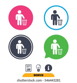 After use to throw in trash. Recycle bin sign. Report document, information sign and light bulb icons. Vector