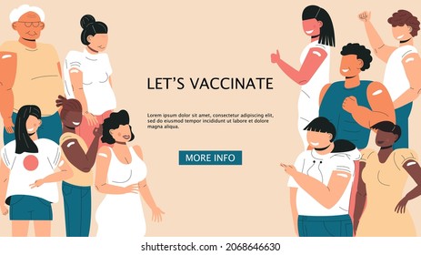 After Vaccination Concept Vector. Coronavirus Vaccine Company. Injection In Shoulder Was Successfully. Multi Races Of Women And Men After Getting Vaccine. Diverse Group Of Humans Are Happy In Clinic. 