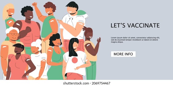 After vaccination concept vector. Coronavirus vaccine company. Injection in shoulder was successfully. Multi races of women and men after getting vaccine. Diverse group of humans are happy in clinic. 