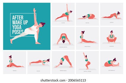 After Wake Up Yoga poses. Young woman practicing Yoga pose. Woman workout fitness, aerobic and exercises. Vector Illustration.	
