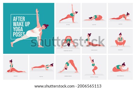 After Wake Up Yoga poses. Young woman practicing Yoga pose. Woman workout fitness, aerobic and exercises. Vector Illustration.	

