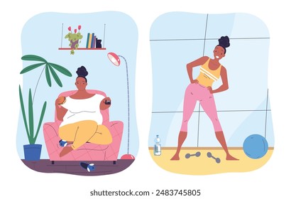 After weight loss. Woman with overweight change figure fitness exercise, fat girl slimming result comparison, obesity body care slim waist belly losing weights vector illustration