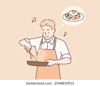 Después del trabajo, el hombre está cocinando. Ilustraciones de diseño de Vector de estilo dibujado a mano.