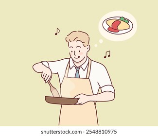 After work, the man is cooking. Hand drawn style vector design illustrations.