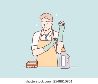 After work, the man is putting on rubber gloves to do some house cleaning. Hand drawn style vector design illustrations.