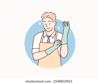 After work, the man is putting on rubber gloves to do some house cleaning. Hand drawn style vector design illustrations.