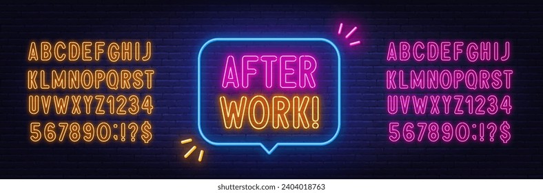 After Work neon sign in the speech bubble on brick wall background.