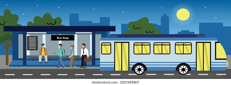 After work, people go home by bus. People in the bus stop. Public transportation at night. Night cityscape. Bus cityscape.