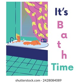 After Work Relaxation: Vector Flat Design Illustration of Woman Enjoying Bath with Music