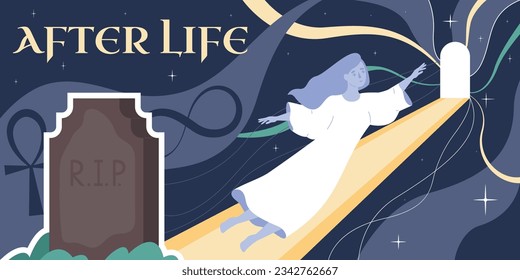 Afterlife death composition with collage of flat icons ornate text grave and silhouette of flying soul vector illustration