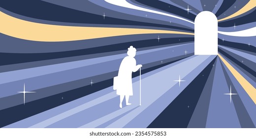 Afterlife death flat composition with conceptual view of starry sky with light rays door and woman vector illustration