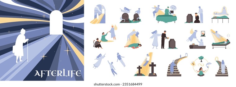 Afterlife death flat composition with sky walk with door and human silhouette with set of icons vector illustration