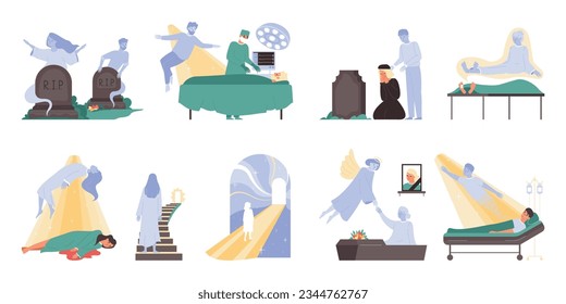 Afterlife death flat set with isolated compositions of icons with silhouettes of soul angels and graves vector illustration