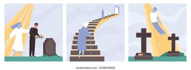 Afterlife death flat set of three square compositions with grave crosses stairway in sky and souls vector illustration