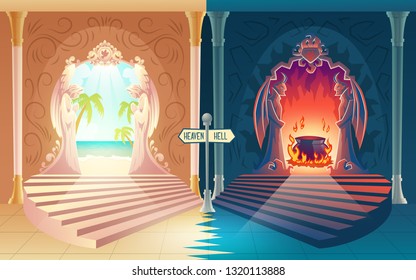 Afterlife payoff cartoon vector concept with stairway to heaven and hell gates with praying angels and horned demons leading to paradise and boiling pot in fire, waymark pointing in two directions