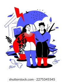 Aftermath of hurricane - colorful flat design style illustration with linear elements. Red and blue composition with couple sitting by a ruined house under umbrella taking shelter from thunderstorm