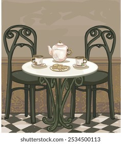 afternoon british tea time party biscuits cookies serving illustration table with chairs old style