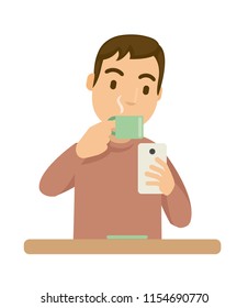 At the afternoon, a guy drink coffee and playing game in a smartphone