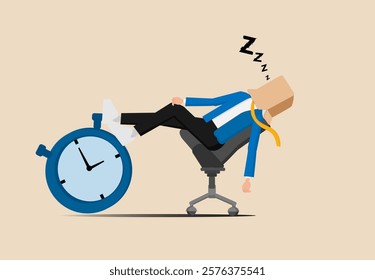 Afternoon lethargy, businessman sleeping while lying on office chair and alarm clock covering his face with book, laziness and procrastination putting off work to do later, boring and sleepy work